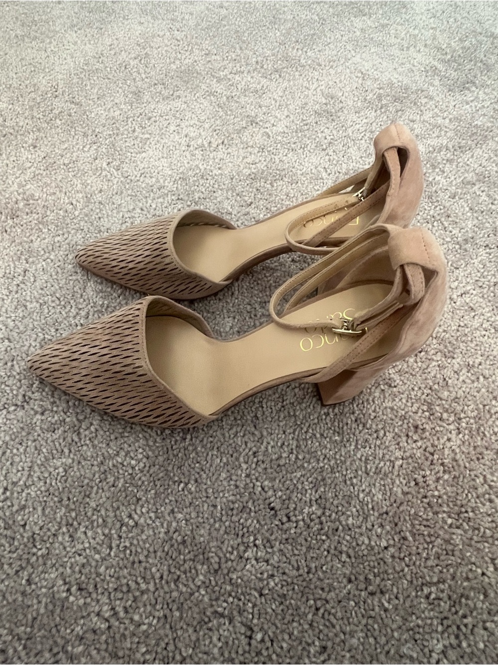 Franco Sarto Taupe Pointed D'Orsay Heels with Ankle Strap
